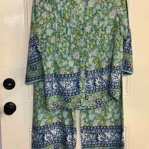 Floral Border-Print Green Women's Pajama Set
